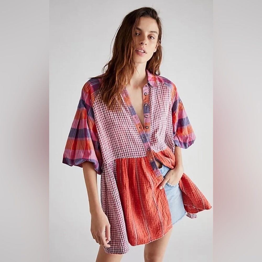 Free people moon bay plaid top short sleeve